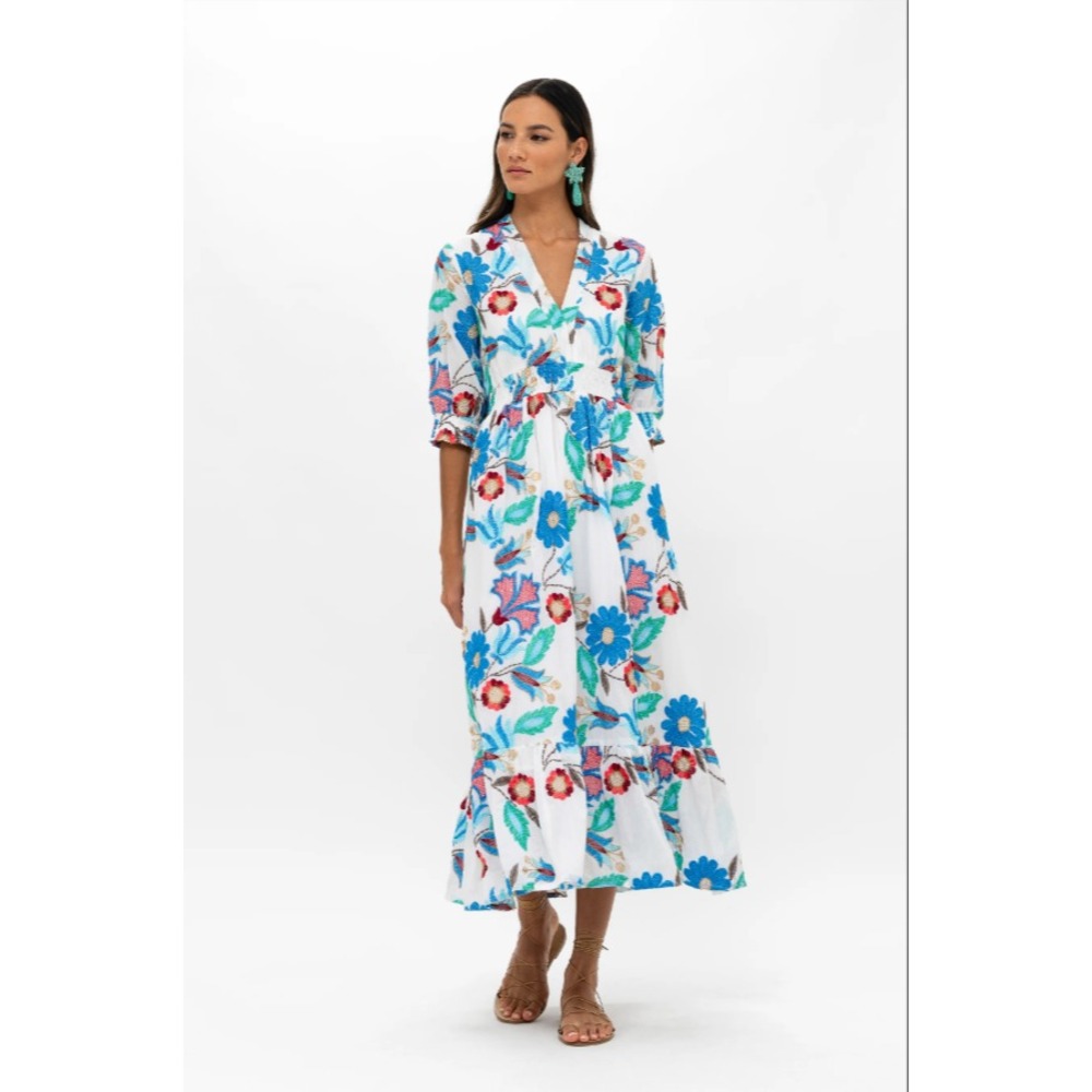 Oliphant Dress Smocked Waist Midi Embroidered Monet